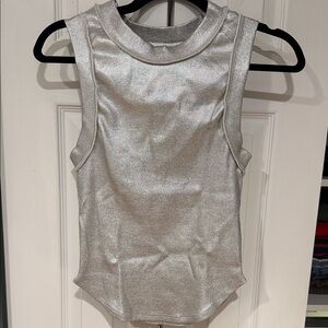 We The Free Silver Metallic Ribbed Mock Neck Tank
